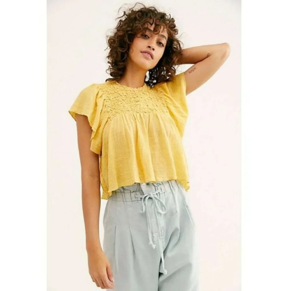 Free People FP One Hyacinth Top Smocked Yellow - Picture 1 of 11